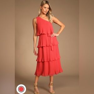 Coral One Shoulder Tiered Midi Dress